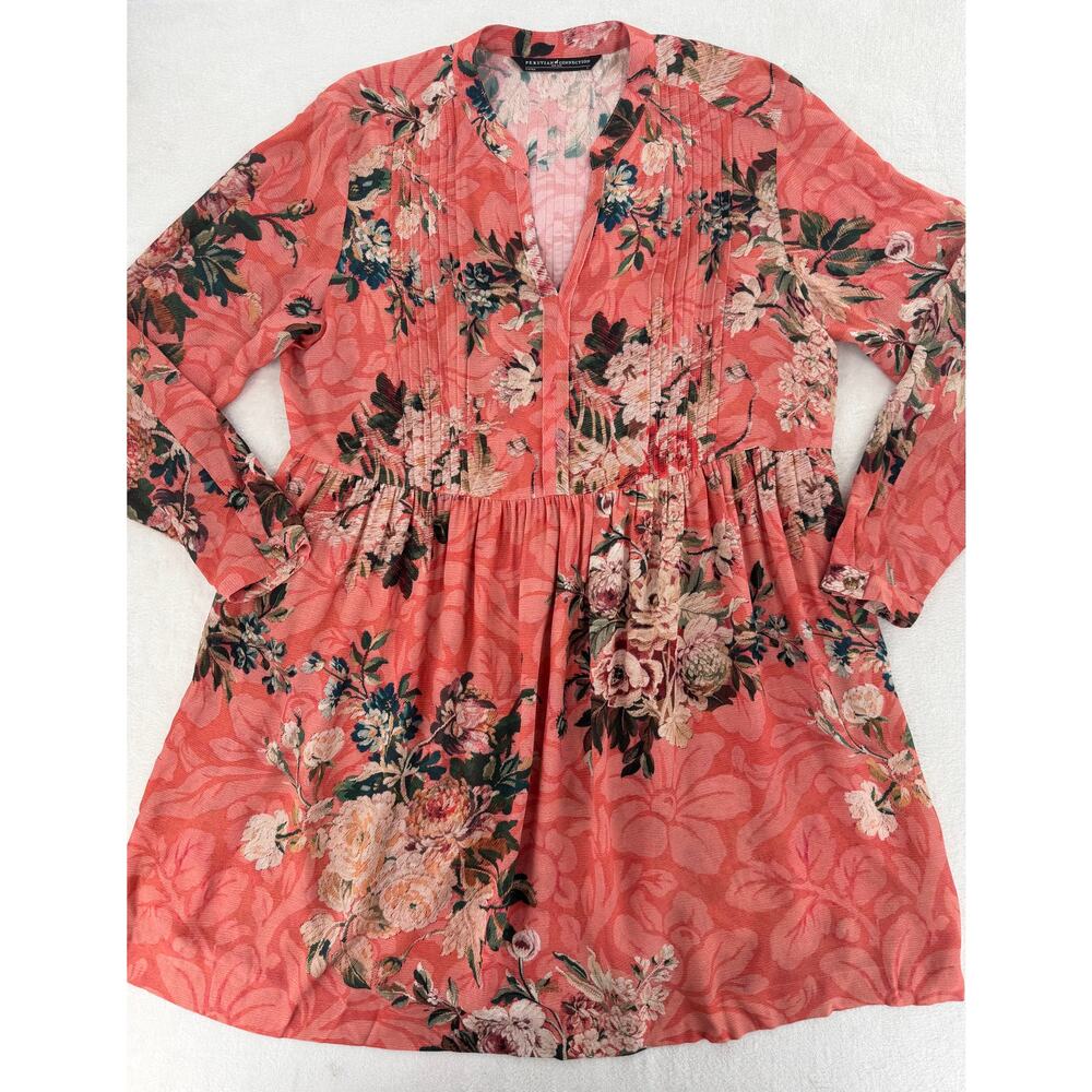 Peruvian Connection Coral Floral Split Neck Tunic Dress - Picture 5 of 9